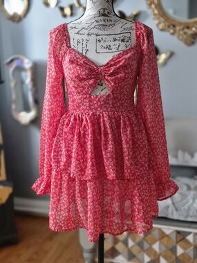 Arden B Sexy 70s Vibe Red Floral Long-Sleeve Mini Dress Small